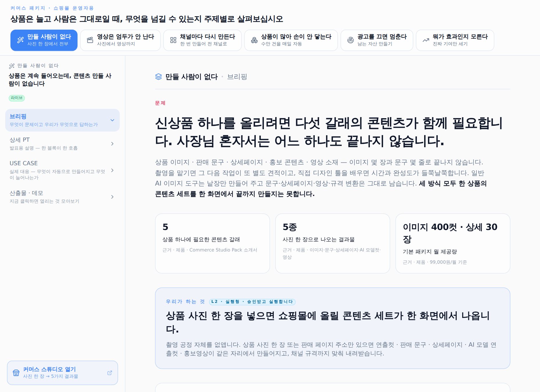 커머스 발표용 패키지 실제 화면: 상단에 여섯 주제 탭, 왼쪽에 브리핑·상세 PT·USE CASE·산출물 목록, 본문에 「만들 사람이 없다」 브리핑과 수치 세 가지